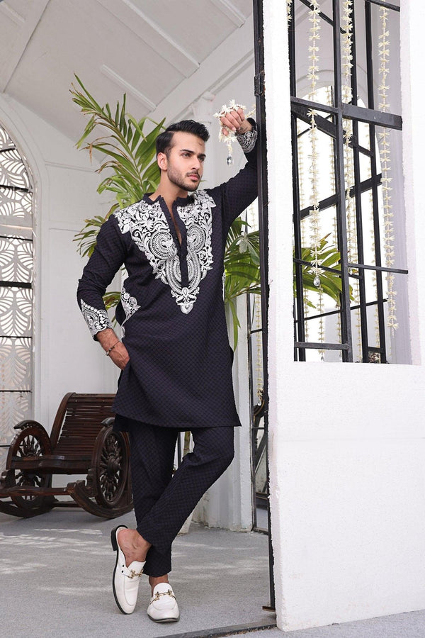 Embroidered Black Kurta with white touch and Pajama - ZB 1008 - Zeshan Bariwala