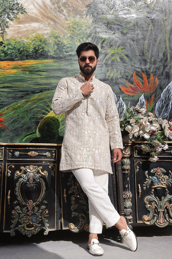 Embroidered Ivory Kurta and Pajama - ZB 1014 - Zeshan Bariwala
