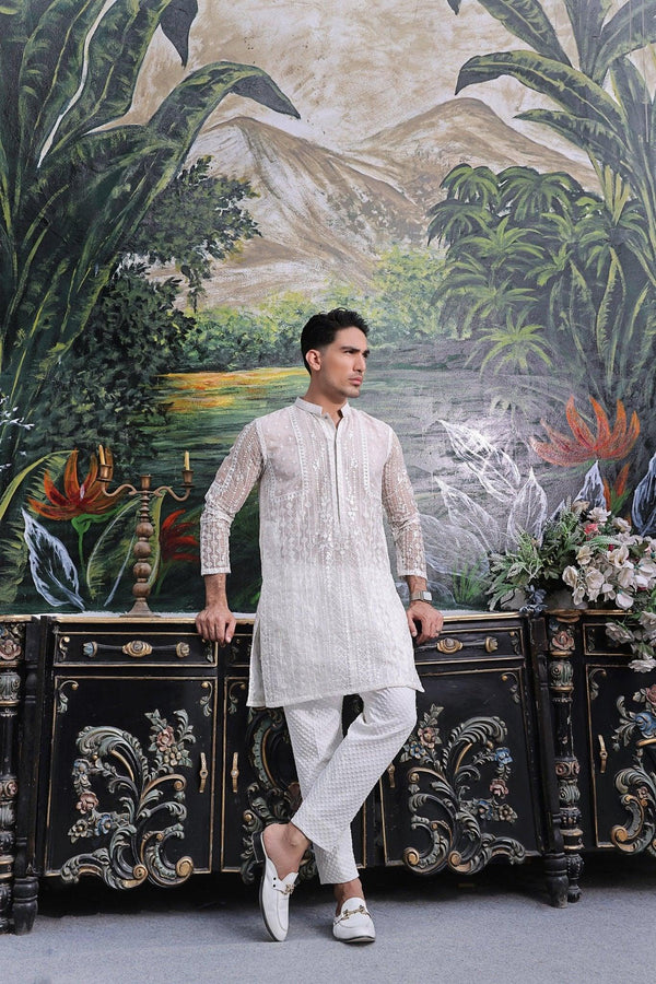 Embroidered White Kurta and Pajama - ZB 1015 - Zeshan Bariwala