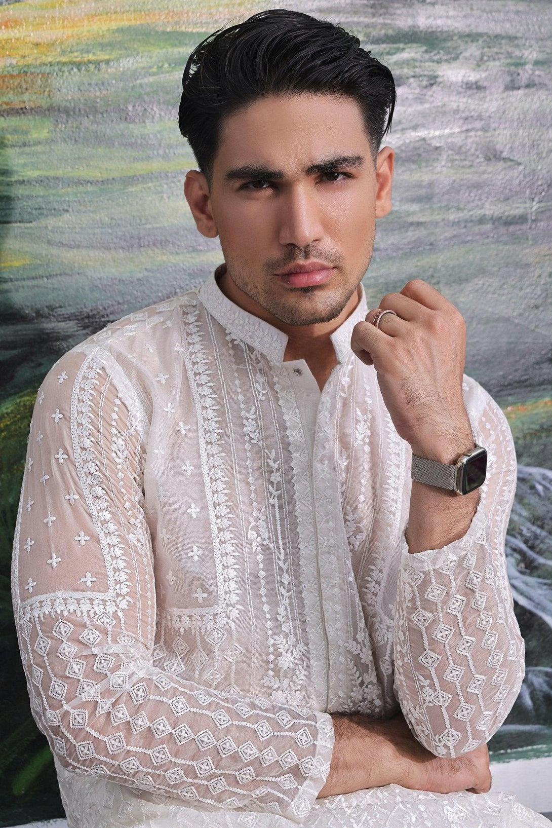 Embroidered White Kurta and Pajama - ZB 1015 - Zeshan Bariwala