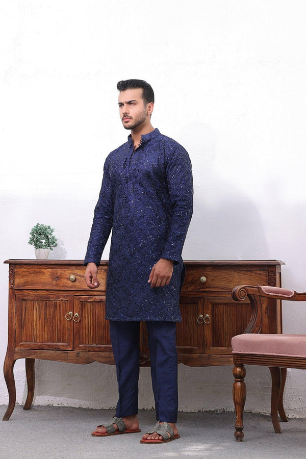 Embroidered Blue Kurta and Pajama - ZB 1010 - Zeshan Bariwala