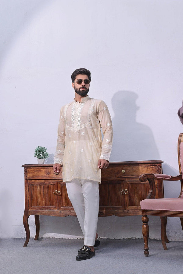 Embroidered Baige Gold Kurta and Pajama - ZB 1016 - Zeshan Bariwala