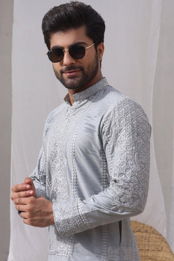 Embroidered Gray Kurta and Pajama - ZB 1024 - Zeshan Bariwala