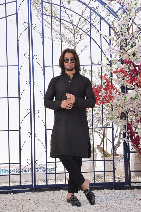 Embroidered Black Kurta and Pajama - ZB 1107 - Zeshan Bariwala