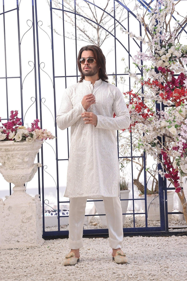 Embroidered White Kurta and Pajama - ZB 1106 - Zeshan Bariwala