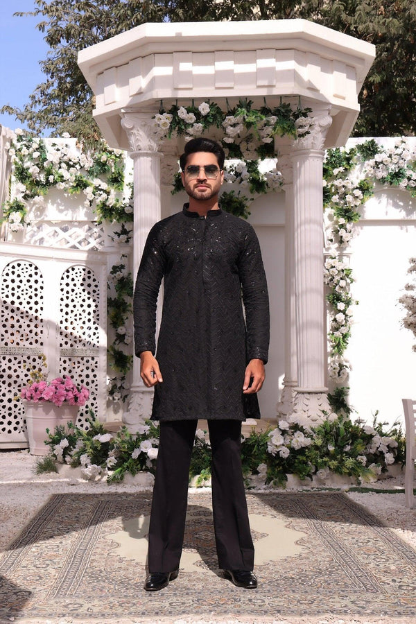 Embroidered Black Kurta and Pajama - ZB 1019 - Zeshan Bariwala