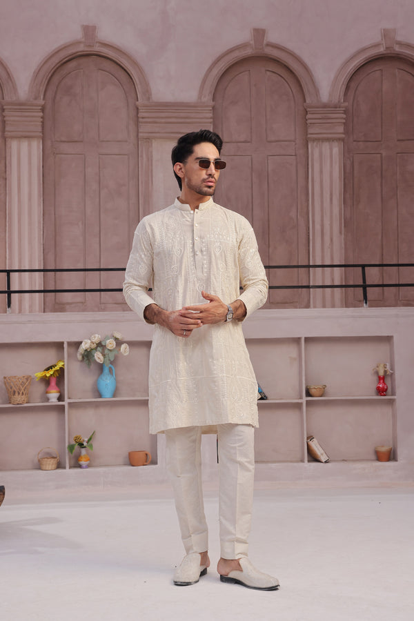 OFF WHITE KARANDI KURTA - ZB-EMK-204