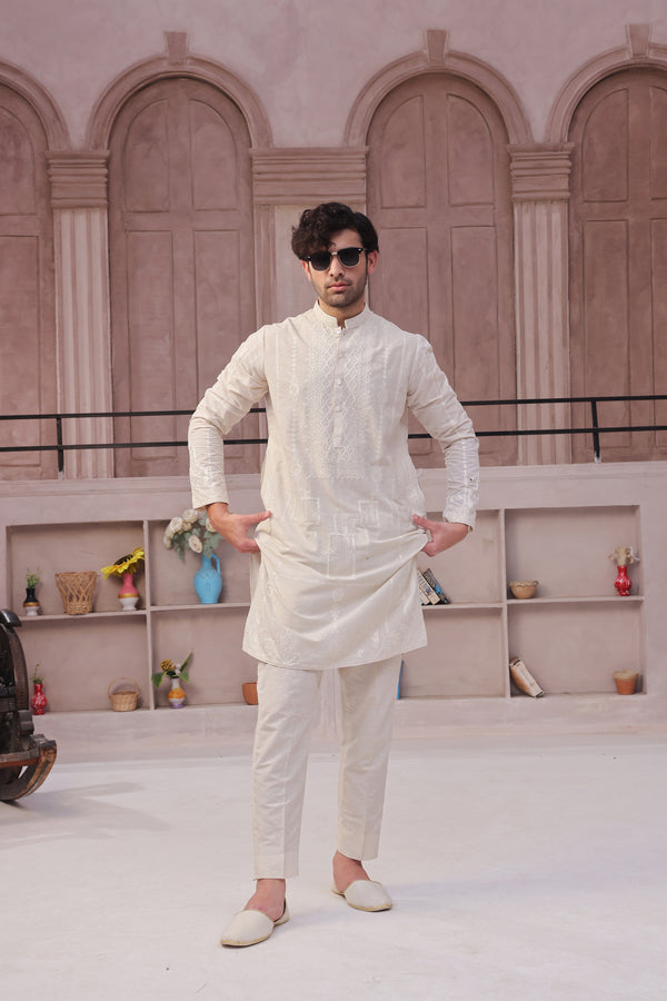 OFF WHITE KARANDI KURTA - ZB-EMK-201