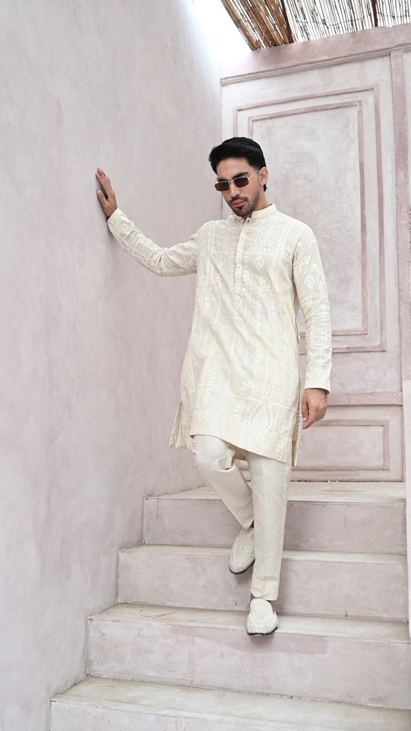 OFF WHITE KARANDI KURTA - ZB-EMK-204