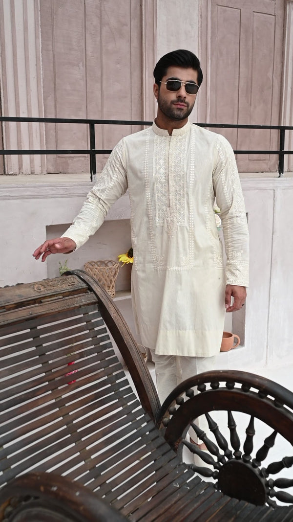 OFF WHITE KARANDI KURTA - ZB-EMK-205