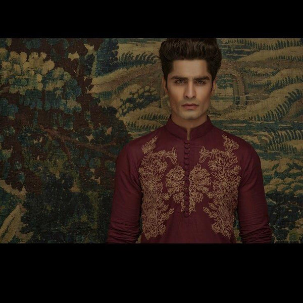 Embroidered Red Kurta and Pajama - ZB 1046 - Zeshan Bariwala
