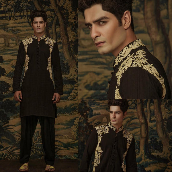 Embroidered Black Kurta and Pajama - ZB 1047 - Zeshan Bariwala