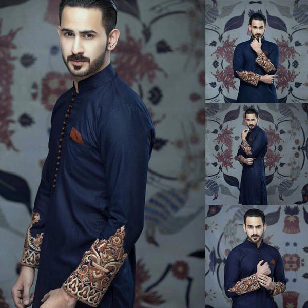Embroidered blue Kurta and Pajama - ZB 1055 - Zeshan Bariwala