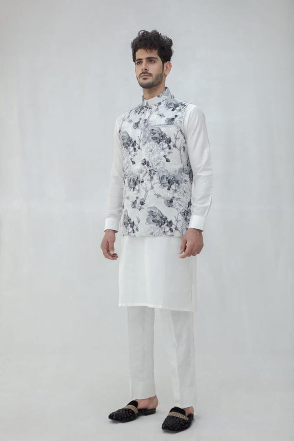White Kurta Pajama with Floral Suiting Waistcoat - ZB 1112