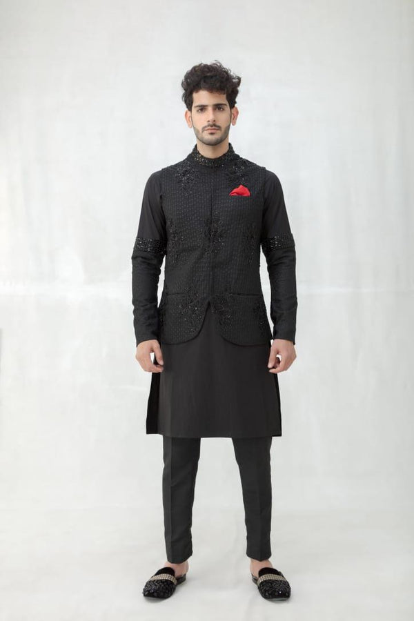 Black Kurta Pajama with Embroidered Black Suiting Waistcoat - ZB 1115