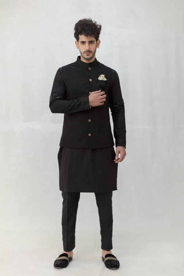 Black Kurta Pajama with Embroidered Black Suiting Waistcoat - ZB 1116