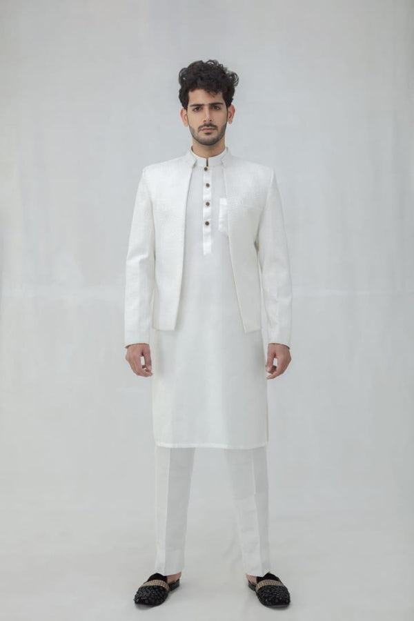 White Kurta Pajama with White Suiting Waistcoat - ZB 1113