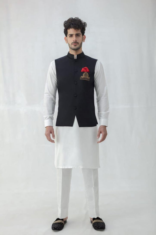 White Kurta Pajama with Black Suiting Waistcoat - ZB 1114