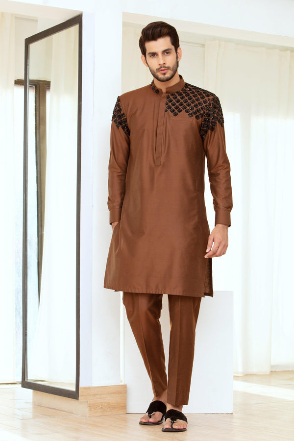 Embroidered Brown Kurta and Pajama - ZB 1127