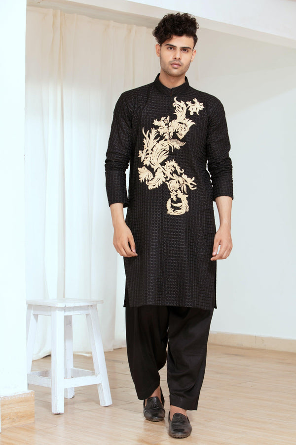 Embroidered Black  Kurta and Pajama - ZB 1107