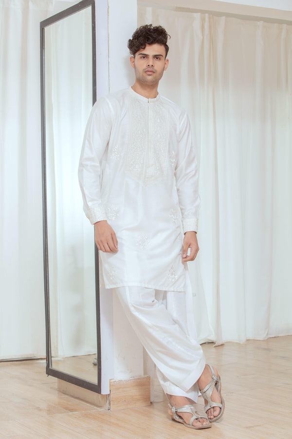 Embroidered White Kurta and Pajama - ZB 1109