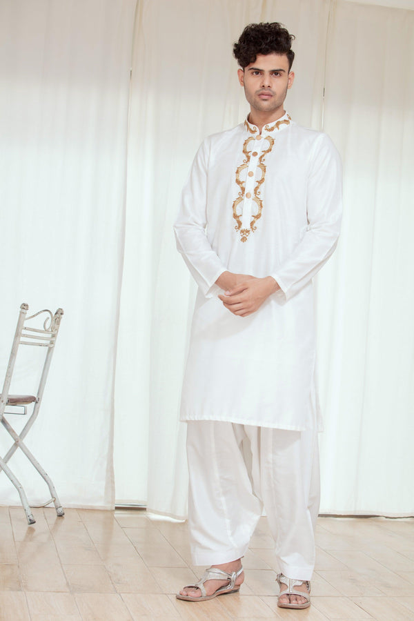 Embroidered White Kurta and Pajama - ZB 1110